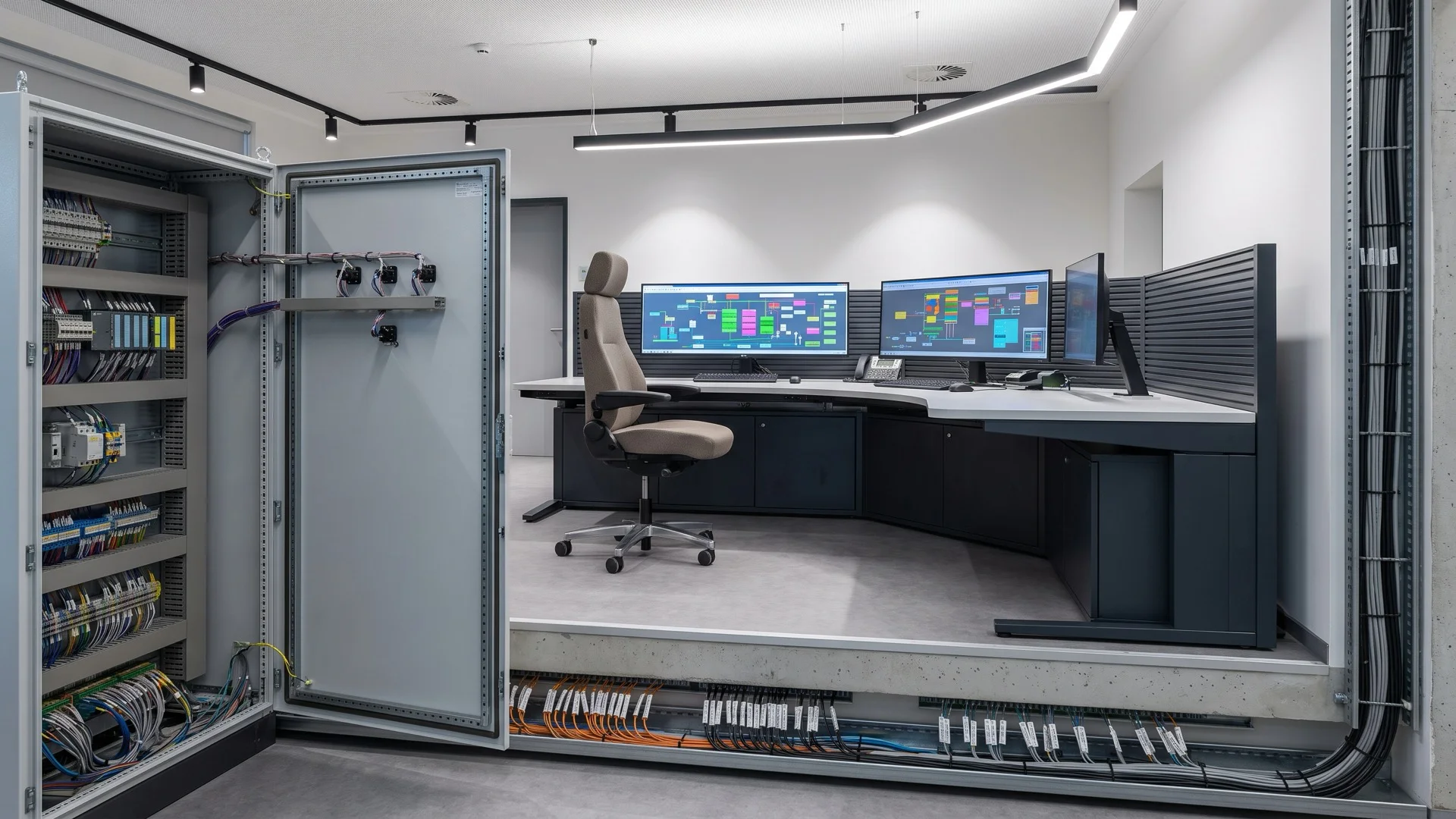 Інженер біля відкритої шафи автоматики та розмитих SCADA-екранів