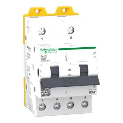 A9SCO263 Schneider Acti9 A9SCO263 changeover switch, 2P, 63 A, 400/415 V AC, I-0-II positions, DIN rail, 3 modules.